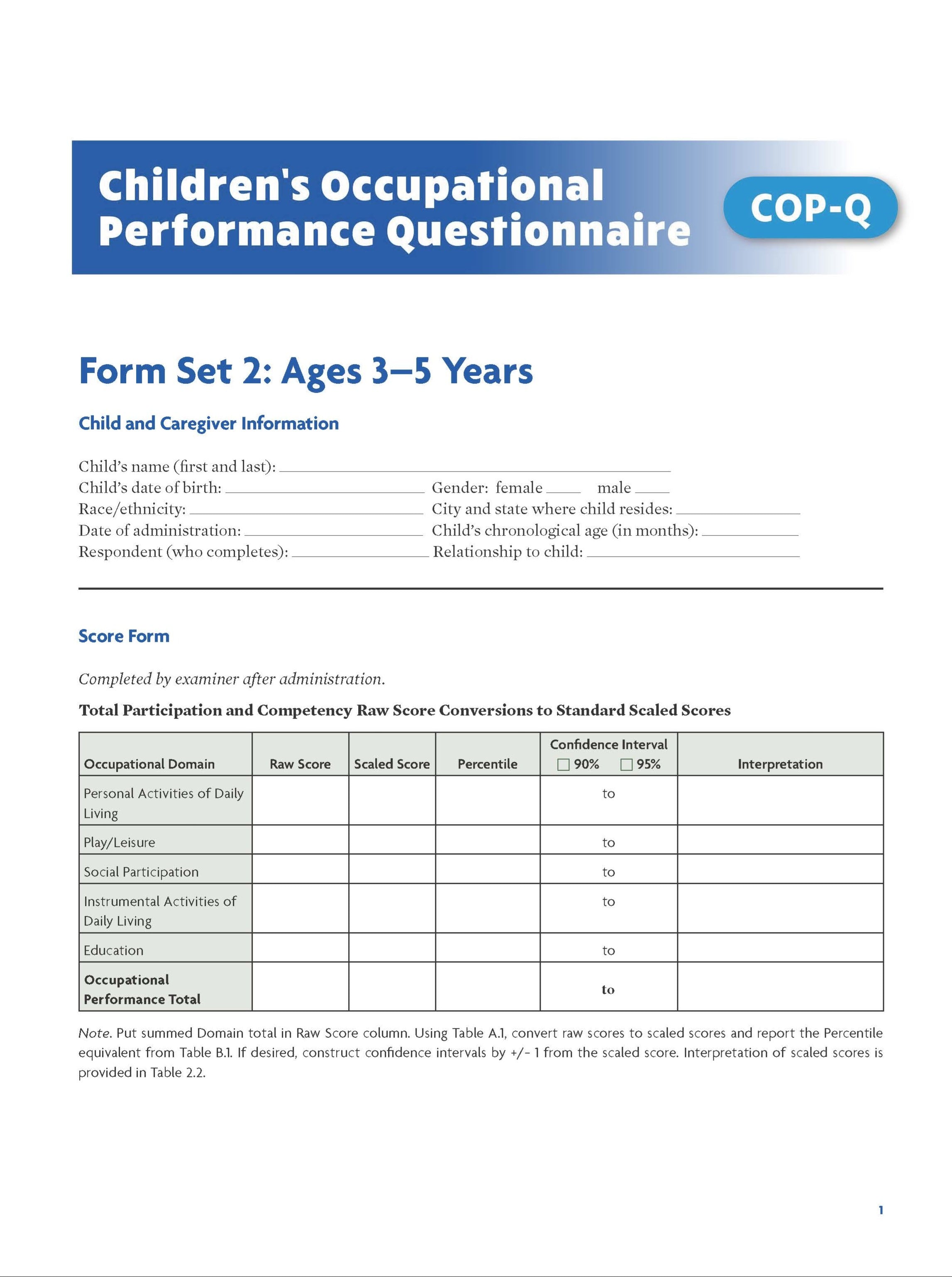 Children's Occupational Performance Questionnaire (COP-Q) Kit