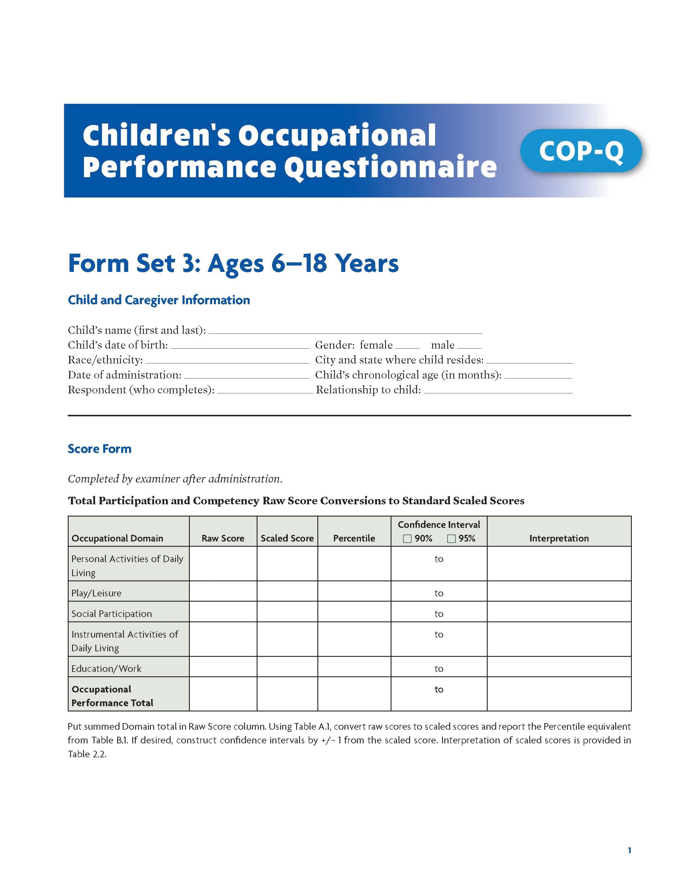 Children's Occupational Performance Questionnaire (COP-Q) Kit