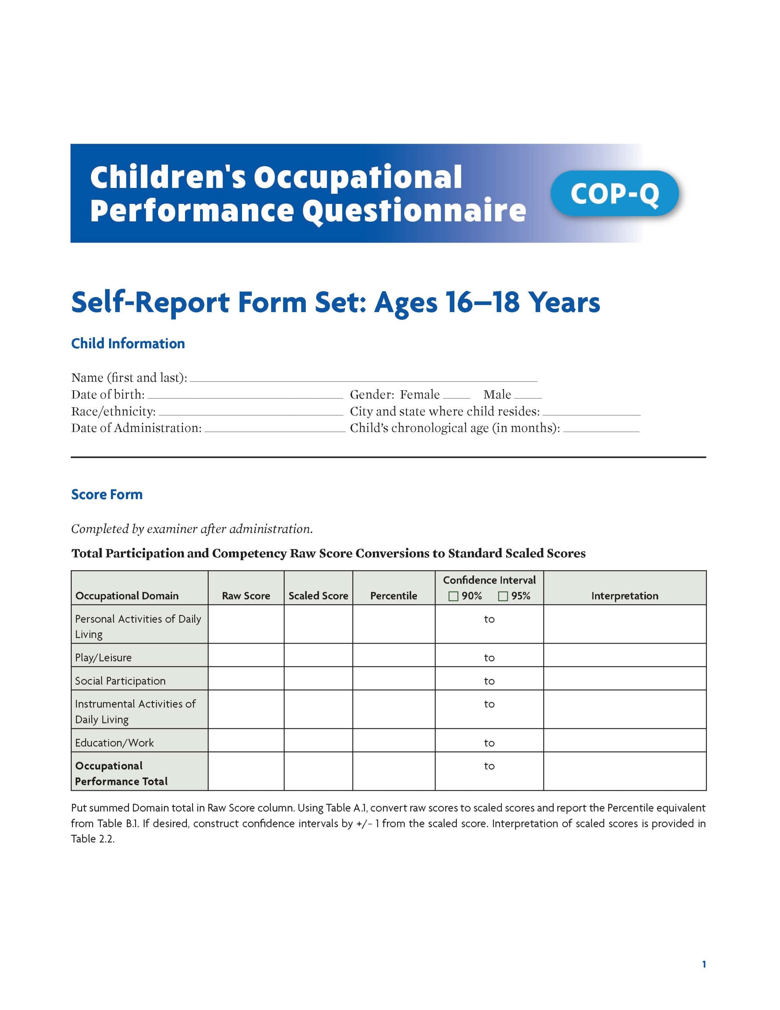 Children's Occupational Performance Questionnaire (COP-Q) Kit